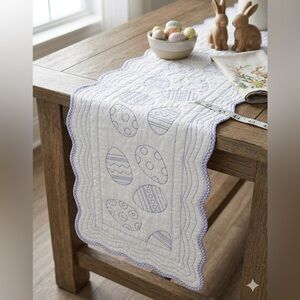 🐣 Blue Gingham Quilted Easter Egg Table Runner Scalloped Edge Embroidered 52”